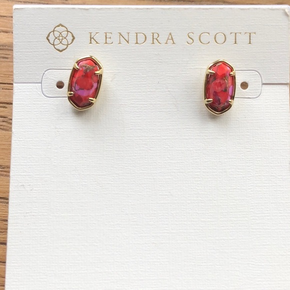 Kendra Scott Grayson Bronze Veined Red Fuchsia Magnesite Stud Earrings NWT - Picture 2 of 14